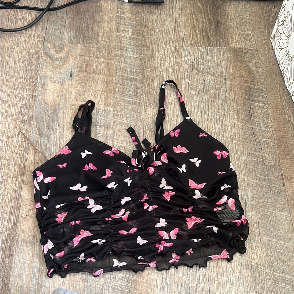 Black Butterfly Print Crop Top